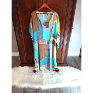 NWT Ulla Popken Dress Women's Size 20-25 Earthtones Turquoise/Yellow/Brown/Pink